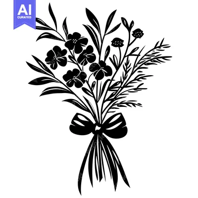 Premium design asset: Black and White Silhouette of a Flower Bouquet with a Bow