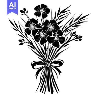 Aset desain premium: A Black and White Silhouette of a Bouquet of Flowers Tied with a Bow