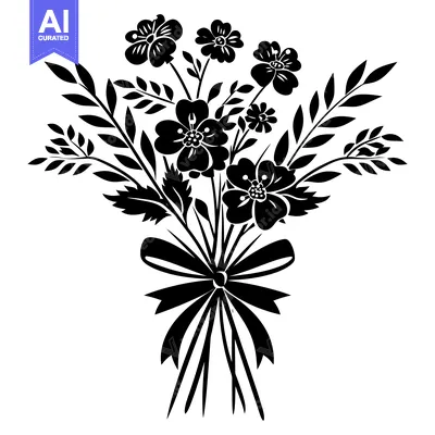 Aset premium populer: Black and White Silhouette of a Flower Bouquet with a Bow