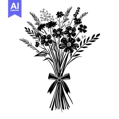 Aset desain premium: A Black and White Silhouette of a Bouquet of Flowers with a Bow