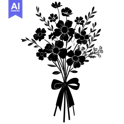 Aset premium populer: A black and white silhouette of a bouquet of flowers with a bow