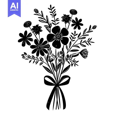 Aset premium populer: Black and White Silhouette of a Flower Bouquet with a Bow