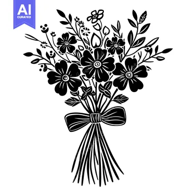 Aset premium populer: Black and White Silhouette of a Flower Bouquet with a Bow