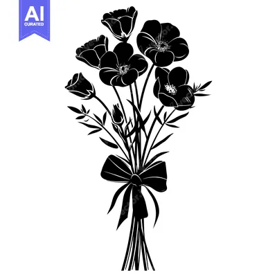 Popular premium asset: A Black and White Silhouette of a Bouquet of Flowers with a Bow