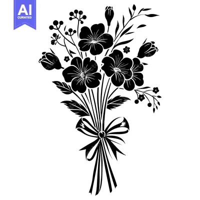Aset desain premium: Black and white silhouette of a floral bouquet with a bow