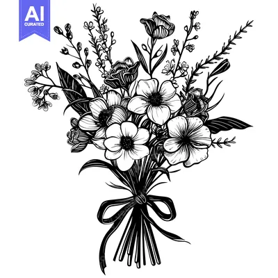 Aset premium populer: Black and White Illustration of a Bouquet of Flowers Tied with a Bow