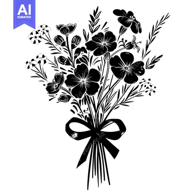 Aset desain premium: Black and White Silhouette of a Flower Bouquet with a Bow