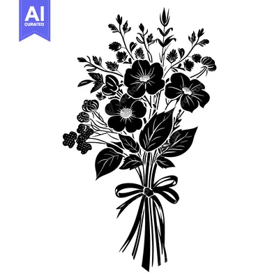 Aset desain premium: A Black and White Silhouette of a Bouquet of Flowers with a Bow