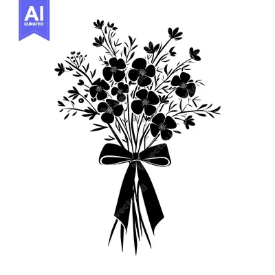 Premium design asset: Black and White Silhouette of a Flower Bouquet with a Ribbon Bow