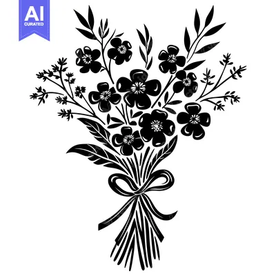 Aset premium populer: A Black and White Silhouette of a Bouquet of Flowers with a Bow