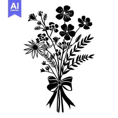 Popular premium asset: Black and white silhouette of a bouquet of flowers with a bow