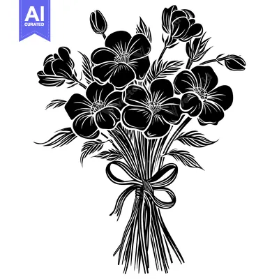Aset premium populer: A Black and White Silhouette of a Tied Bouquet of Flowers