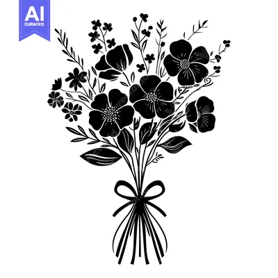 Aset desain premium: Black and White Silhouette of a Floral Bouquet with a Bow