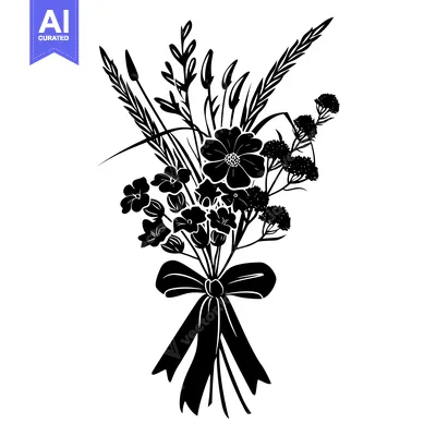 Aset premium populer: Black and White Silhouette of a Bouquet of Flowers and Grass with a Ri
