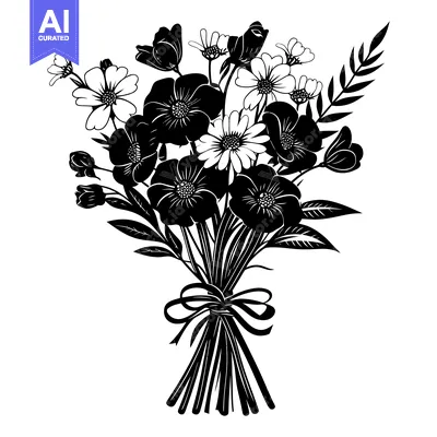Aset desain premium: Black and White Silhouette of a Tied Bouquet of Flowers