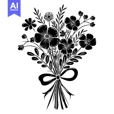 Aset desain premium: A black and white silhouette of a floral bouquet with a ribbon bow