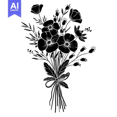 Aset desain premium: Black and White Silhouette of a Tied Bouquet of Flowers