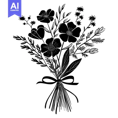 Black and White Silhouette of a Bouquet of Flowers with a Bow