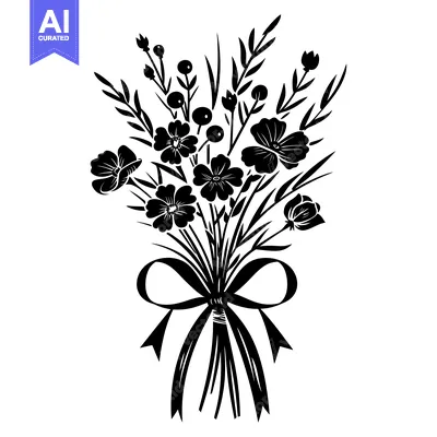 Aset premium populer: Black and White Silhouette of a Flower Bouquet with a Bow