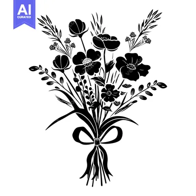 Premium design asset: Black and White Silhouette of a Bouquet of Flowers with a Bow