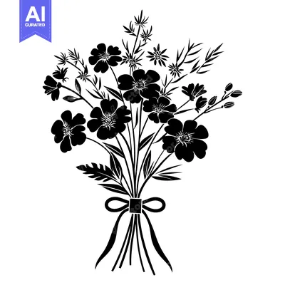 Aset desain premium: Black and white silhouette of a bouquet of flowers tied with a ribbon
