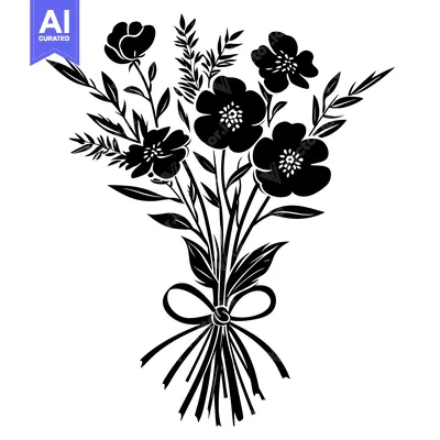 Aset desain premium: A Silhouette Bouquet of Black Flowers with a Bow