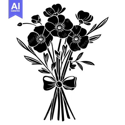 Aset desain premium: Black and White Silhouette of a Flower Bouquet with a Bow