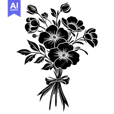 Aset desain premium: Black and White Silhouette of a Bouquet of Flowers with a Bow