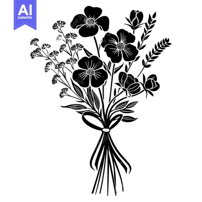 Aset desain premium: Black and White Silhouette of a Bouquet of Flowers