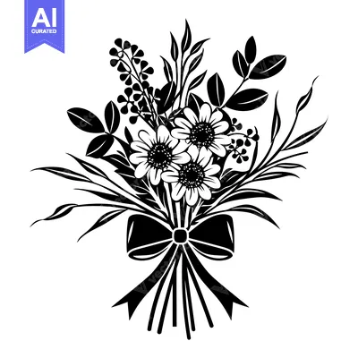 Aset premium populer: Black and White Silhouette of a Bouquet of Flowers with a Bow