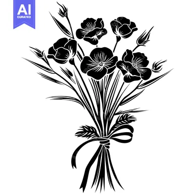 Aset desain premium: Black and white silhouette of a flower bouquet with a ribbon