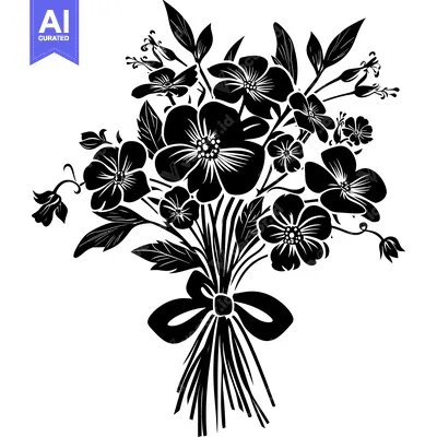 Aset premium populer: A black and white silhouette of a bouquet of flowers with a bow