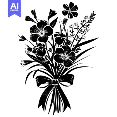 Aset premium populer: Black and white silhouette of a bouquet of flowers with a bow