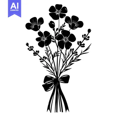 Aset desain premium: Black and white silhouette of a bouquet of flowers with a bow