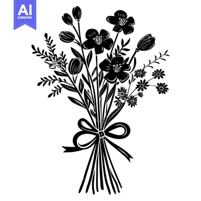 Aset premium populer: A Black and White Silhouette of a Bouquet of Flowers Tied with a Bow