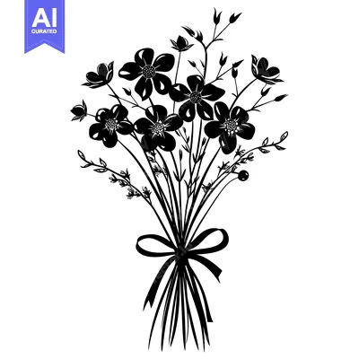 Premium design asset: Black and White Silhouette of a Bouquet of Flowers with a Bow