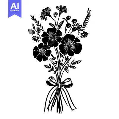 Premium design asset: Black and White Silhouette of a Flower Bouquet with a Bow
