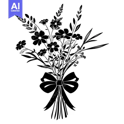 Aset premium populer: Black and White Silhouette of a Bouquet of Flowers Tied with a Bow