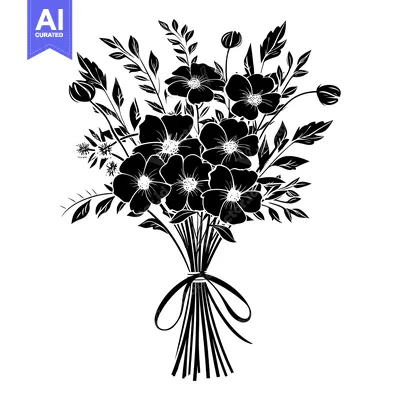 Aset desain premium: Black and White Silhouette of a Flower Bouquet with a Ribbon