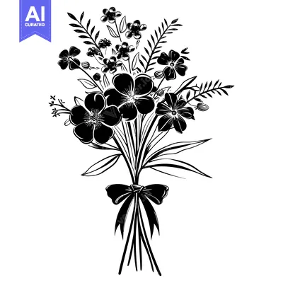 Premium design asset: Black and white silhouette of a bouquet of flowers tied with a bow