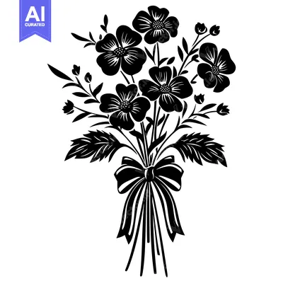Premium design asset: Black and white silhouette of a flower bouquet tied with a bow