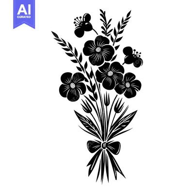 Aset premium populer: Black and White Silhouette of a Flower Bouquet with a Bow