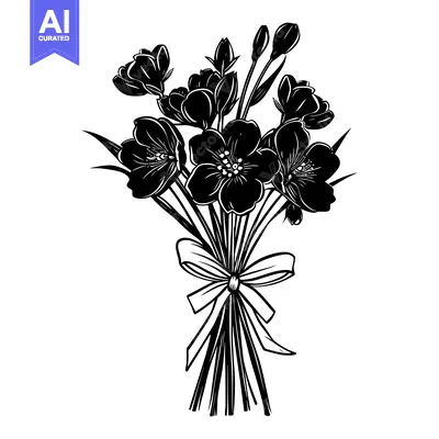 Aset desain premium: Black and White Silhouette of a Flower Bouquet with a Bow