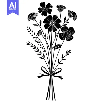 Aset desain premium: A Silhouetted Bouquet of Wildflowers with a Bow