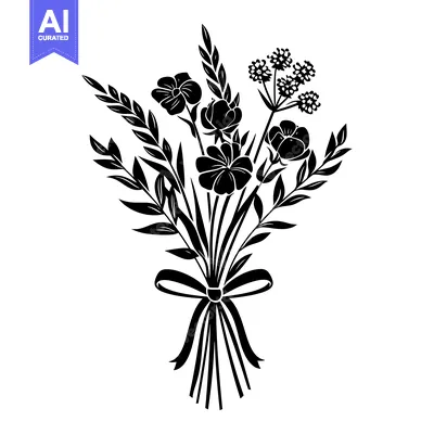 Aset premium populer: Black and White Silhouette of a Bouquet of Flowers Tied with a Ribbon