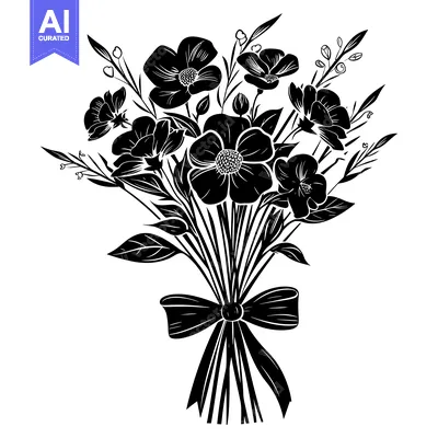 Aset premium populer: Black and White Silhouette of a Flower Bouquet with a Bow