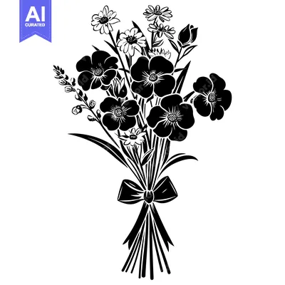 Popular premium asset: Black and White Silhouette of a Bouquet of Flowers with a Bow