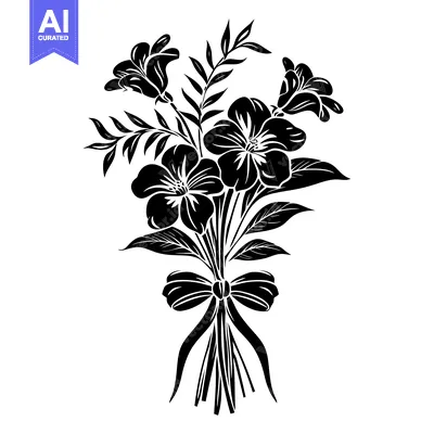 Premium design asset: Black and White Silhouette of a Flower Bouquet with a Bow