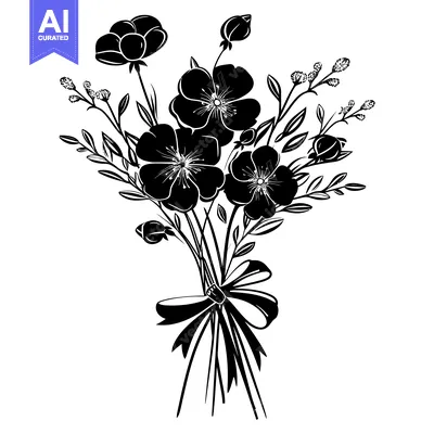 Aset premium populer: Black and white silhouette of a flower bouquet with a bow