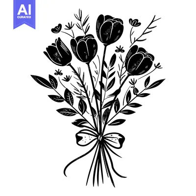 Aset premium populer: A Black and White Silhouette of a Bouquet of Flowers with a Bow